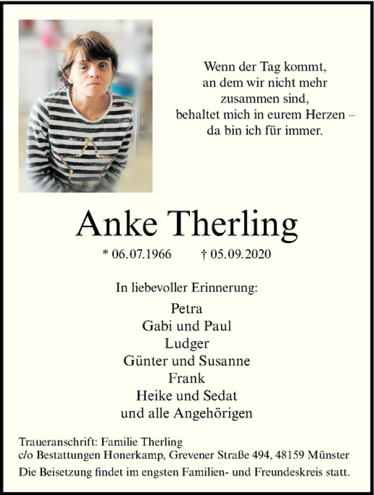  Traueranzeige für Anke Therling vom 22.09.2020 aus Westfälische Nachrichten
