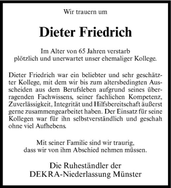 Anzeige von Dieter Friedrich von Westfälische Nachrichten
