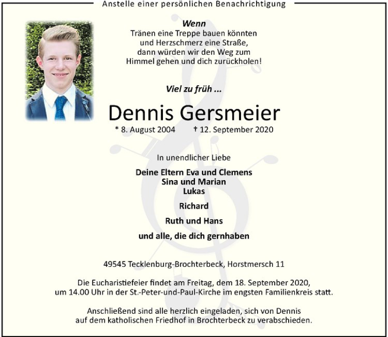 Traueranzeige für Dennis Gersmeier vom 16.09.2020 aus Westfälische Nachrichten