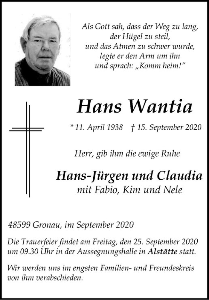  Traueranzeige für Hans Wantia vom 18.09.2020 aus Westfälische Nachrichten