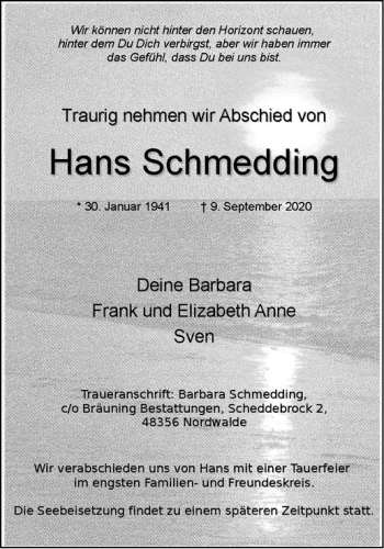 Anzeige von Hans Schmedding von Westfälische Nachrichten