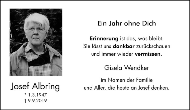  Traueranzeige für Josef Albring vom 09.09.2020 aus Westfälische Nachrichten