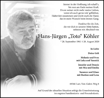 Anzeige von Hans-Jürgen Köhler von Westfälische Nachrichten