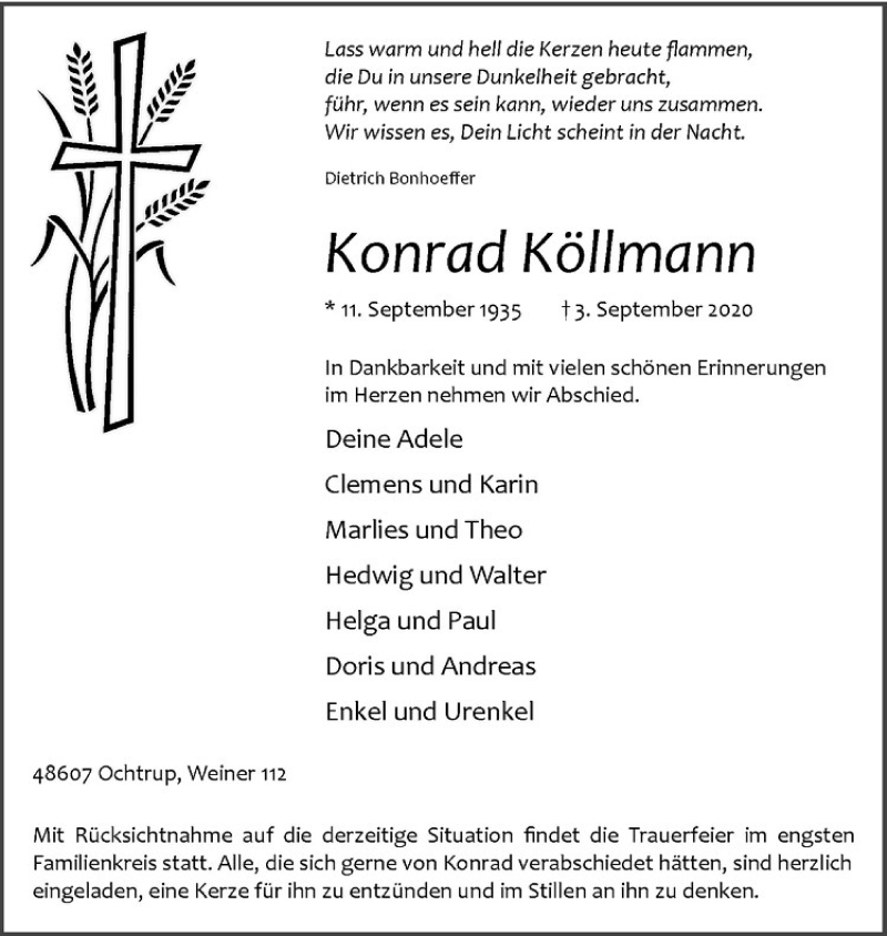  Traueranzeige für Konrad Köllmann vom 07.09.2020 aus Westfälische Nachrichten