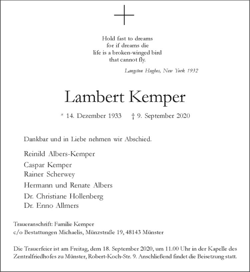  Traueranzeige für Lambert Kemper vom 12.09.2020 aus Westfälische Nachrichten