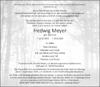 Anzeige von Hedwig Meyer von Westfälische Nachrichten
