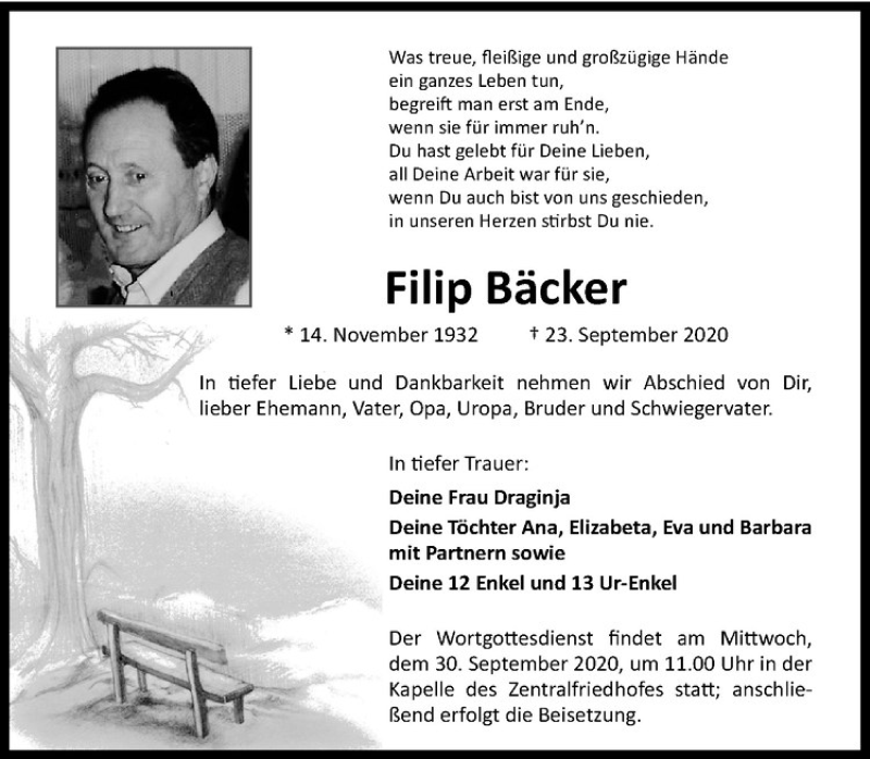  Traueranzeige für Filip Bäcker vom 26.09.2020 aus Westfälische Nachrichten