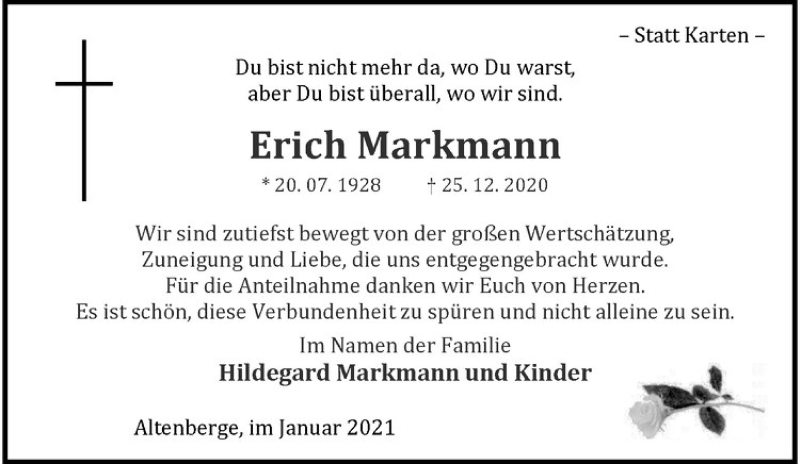  Traueranzeige für Erich Markmann vom 30.01.2021 aus Westfälische Nachrichten