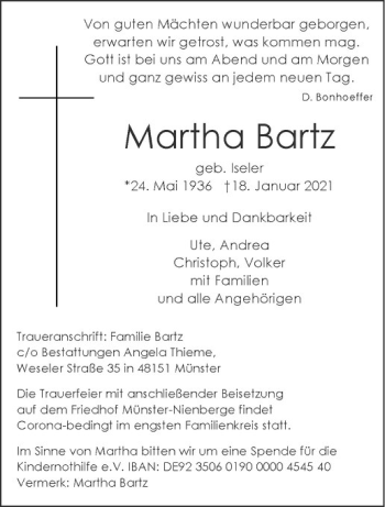 Anzeige von Martha Bartz von Westfälische Nachrichten