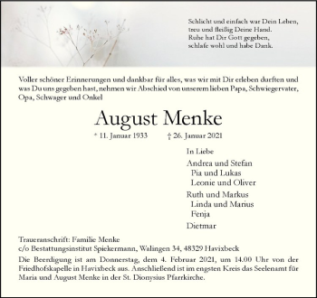 Anzeige von August Menke von Westfälische Nachrichten