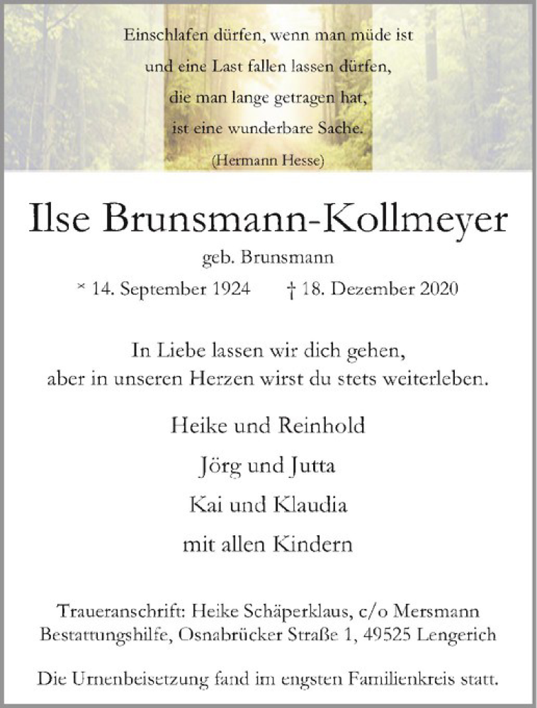  Traueranzeige für Ilse Brunsmann-Kollmeyer vom 02.01.2021 aus Westfälische Nachrichten