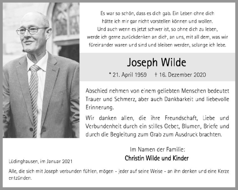  Traueranzeige für Joseph Wilde vom 23.01.2021 aus Westfälische Nachrichten