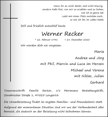 Anzeige von Werner Recker von Westfälische Nachrichten