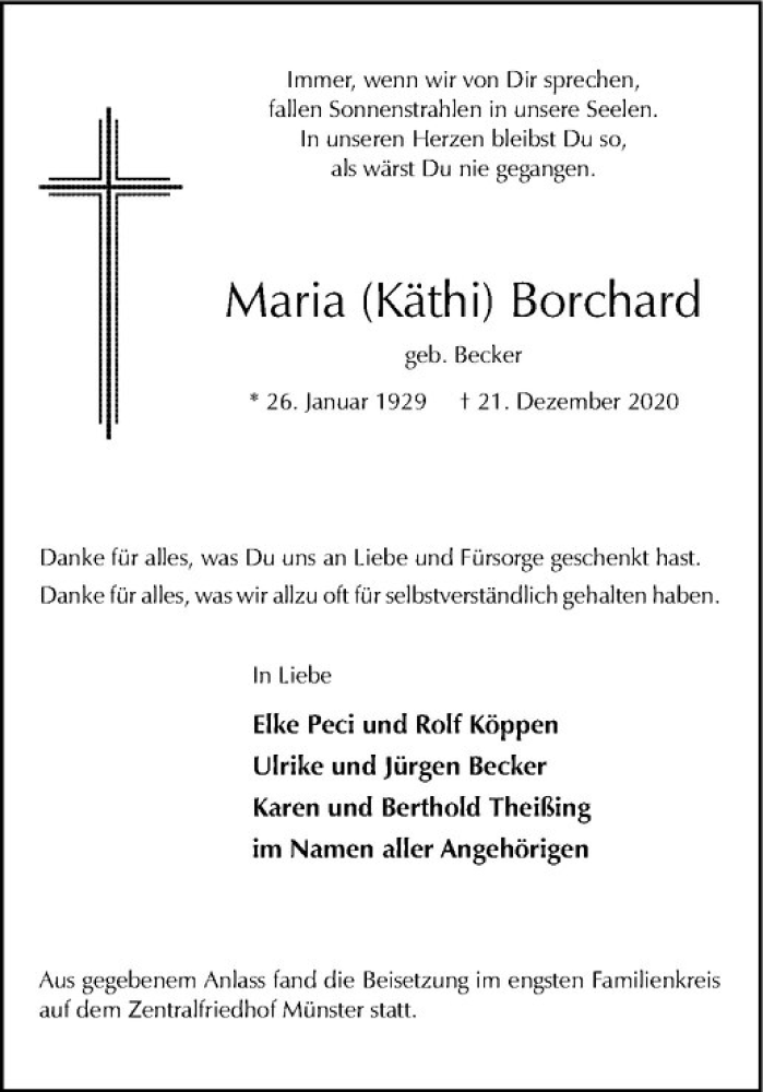  Traueranzeige für Maria Borchard vom 16.01.2021 aus Westfälische Nachrichten