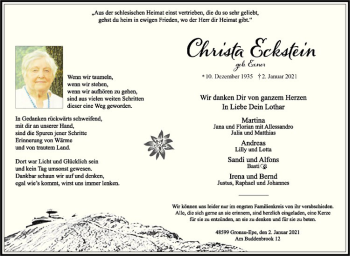 Anzeige von Christa Eckstein von Westfälische Nachrichten