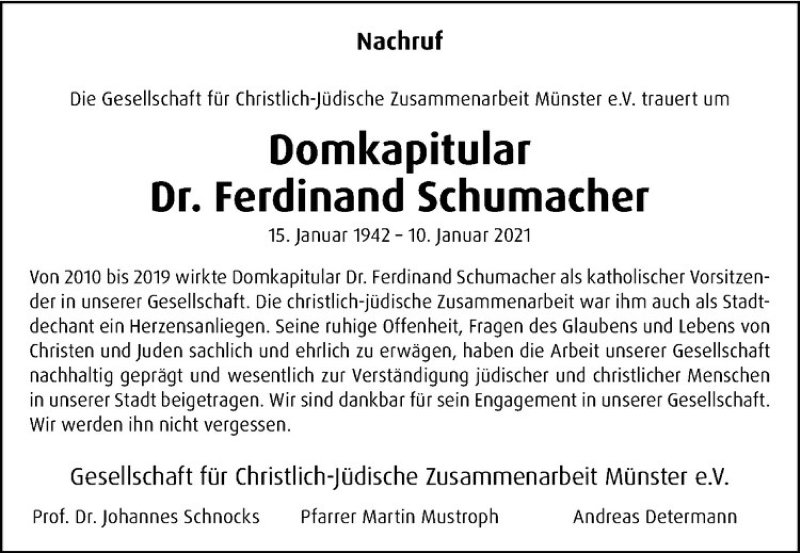  Traueranzeige für Ferdinand Schumacher vom 13.01.2021 aus Westfälische Nachrichten