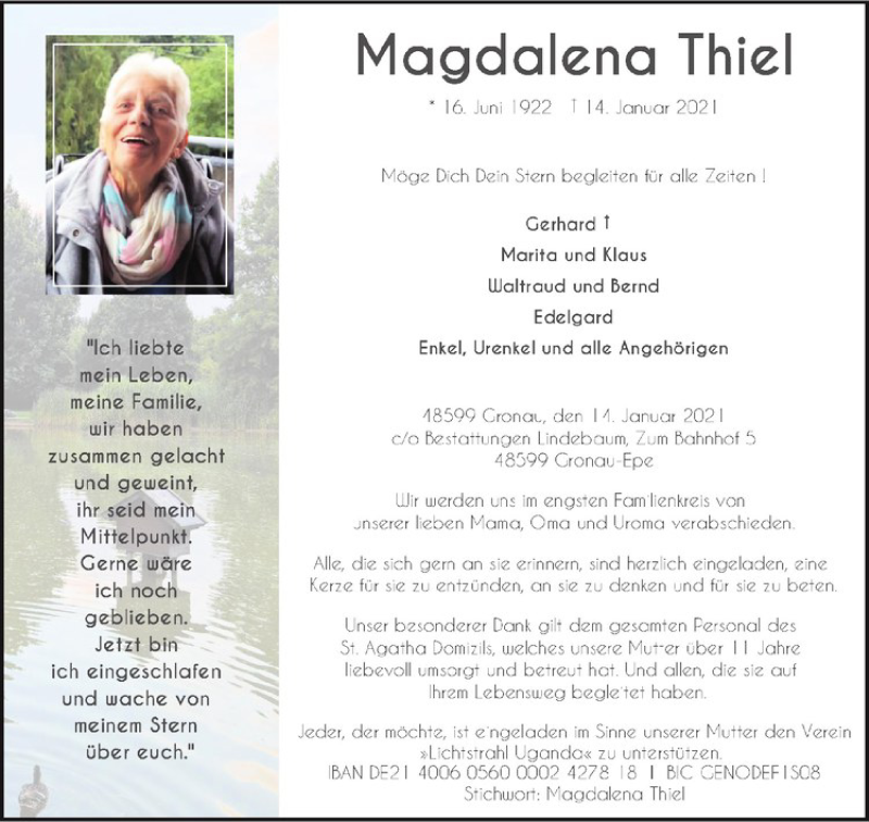  Traueranzeige für Magdalena Thiel vom 21.01.2021 aus Westfälische Nachrichten