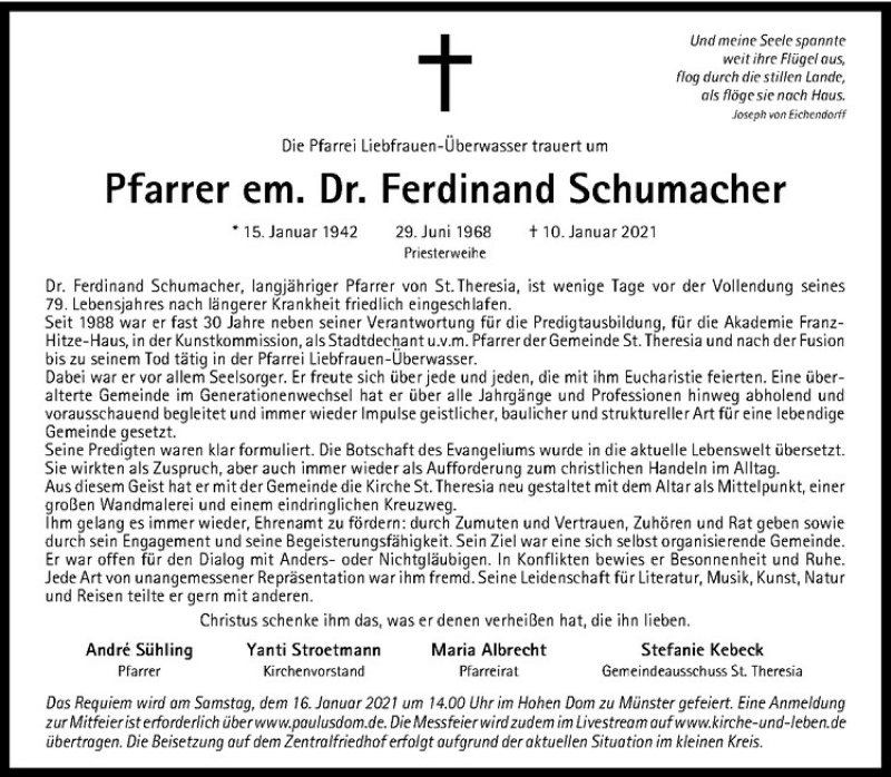  Traueranzeige für Ferdinand Schumacher vom 13.01.2021 aus Westfälische Nachrichten