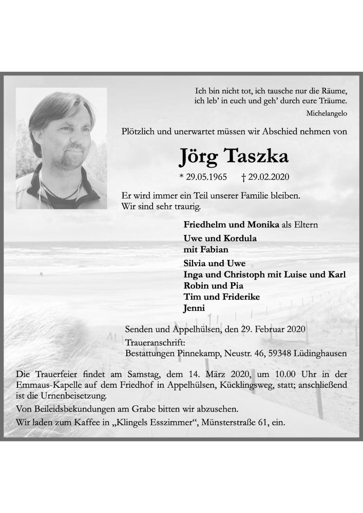  Traueranzeige für Jörg Taszka vom 07.03.2020 aus 