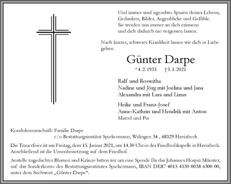  Traueranzeige für Günter Darpe vom 09.01.2021 aus Westfälische Nachrichten