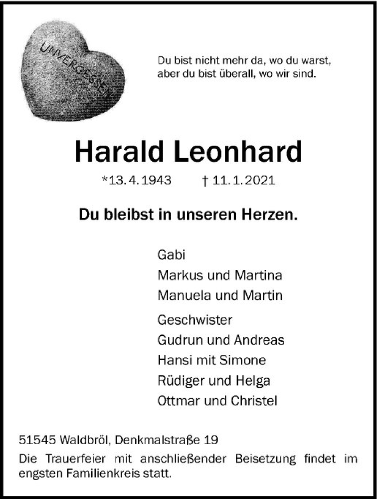  Traueranzeige für Harald Leonhard vom 20.01.2021 aus Westfälische Nachrichten