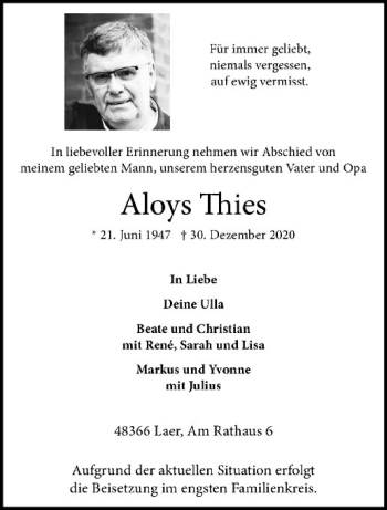 Anzeige von Aloys Thies von Westfälische Nachrichten