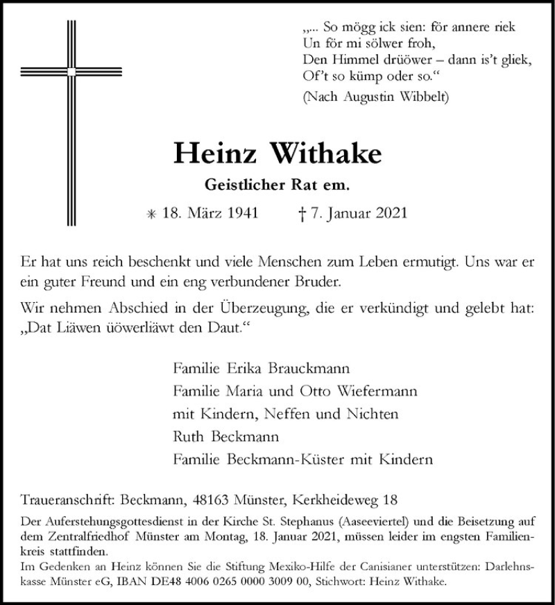  Traueranzeige für Heinz Withake vom 13.01.2021 aus Westfälische Nachrichten