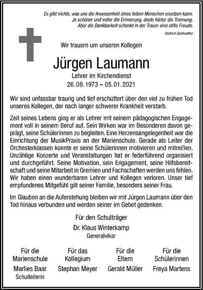  Traueranzeige für Jürgen Laumann vom 09.01.2021 aus Westfälische Nachrichten