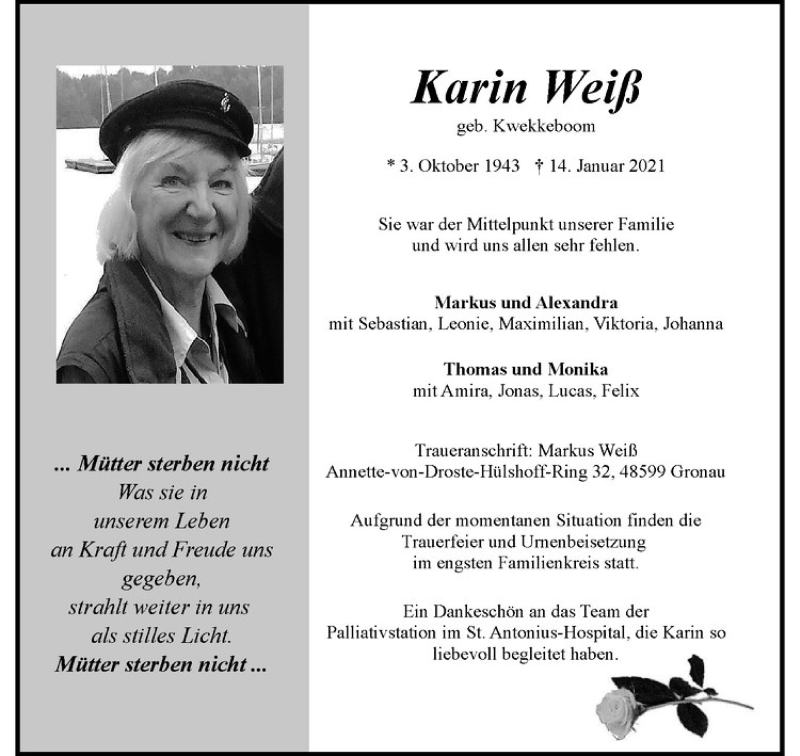  Traueranzeige für Karin Weiß vom 19.01.2021 aus Westfälische Nachrichten