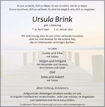 Anzeige von Ursula Brink von Westfälische Nachrichten
