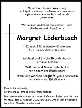 Anzeige von Margret Löderbusch von Westfälische Nachrichten
