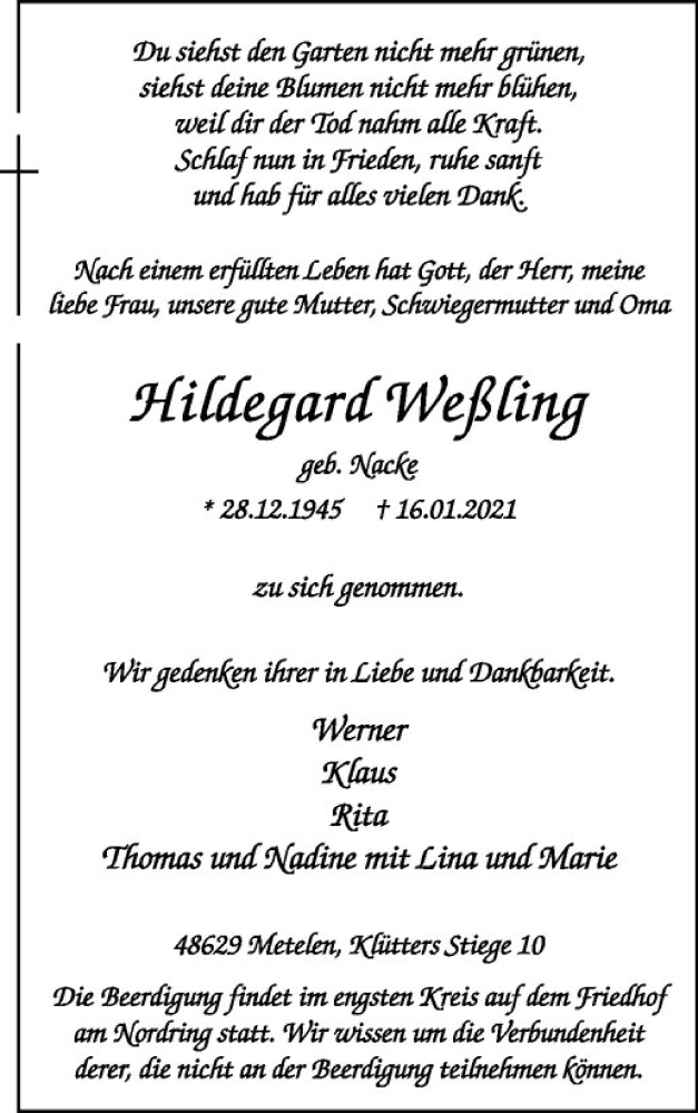  Traueranzeige für Hildegard Weßling vom 21.01.2021 aus Westfälische Nachrichten