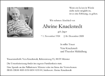 Anzeige von Alwine Knackstedt von Westfälische Nachrichten