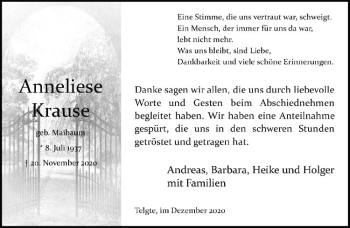 Anzeige von Anneliese Krause von Westfälische Nachrichten