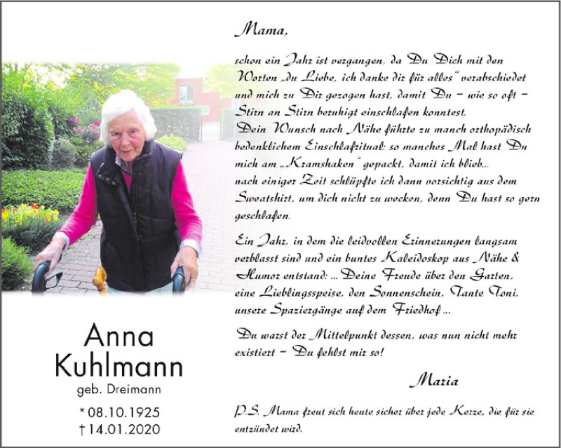  Traueranzeige für Anna Kuhlmann vom 14.01.2021 aus Westfälische Nachrichten