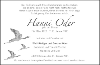 Anzeige von Hanni Oder von Westfälische Nachrichten