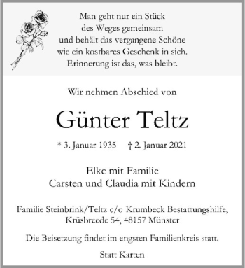 Anzeige von Günter Teltz von Westfälische Nachrichten