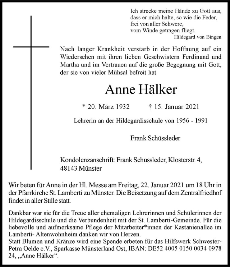  Traueranzeige für Anne Hälker vom 20.01.2021 aus Westfälische Nachrichten