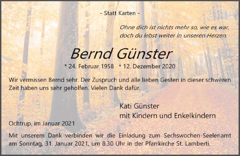  Traueranzeige für Bernd Günster vom 27.01.2021 aus Westfälische Nachrichten