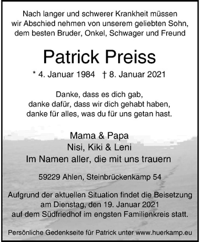  Traueranzeige für Patrick Preiss vom 13.01.2021 aus Westfälische Nachrichten