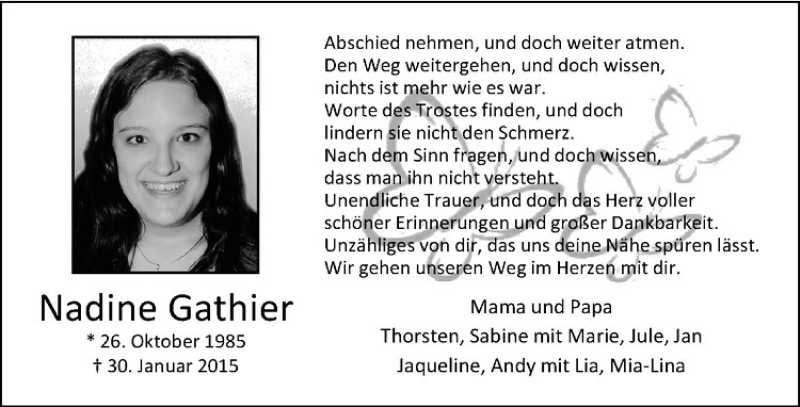  Traueranzeige für Nadine Gathier vom 30.01.2021 aus Westfälische Nachrichten