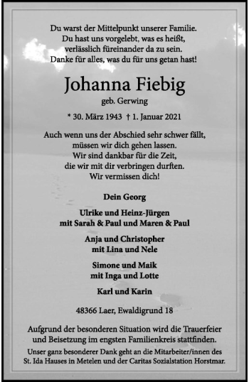 Anzeige von Johanna Fiebig von Westfälische Nachrichten