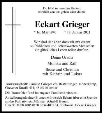 Anzeige von Eckart Grieger von Westfälische Nachrichten