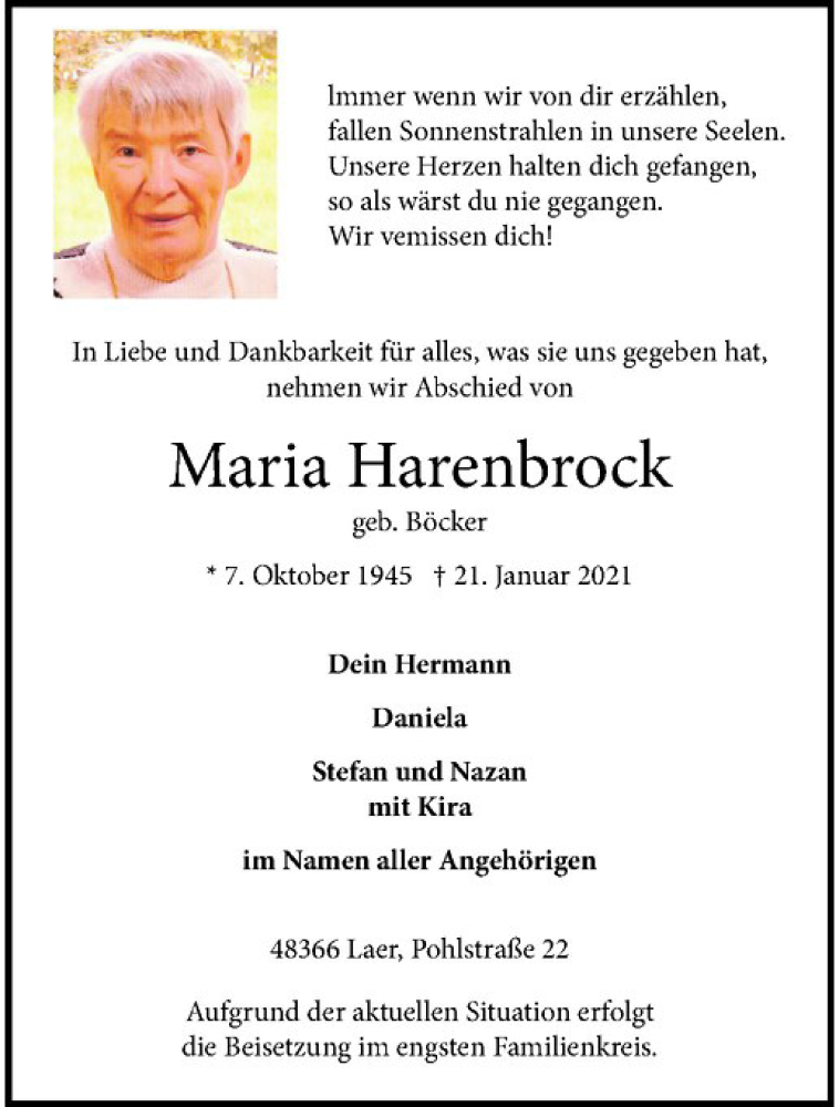  Traueranzeige für Maria Harenbrock vom 26.01.2021 aus Westfälische Nachrichten
