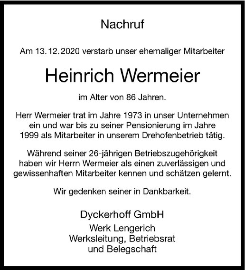  Traueranzeige für Heinrich Wermeier vom 08.01.2021 aus Westfälische Nachrichten