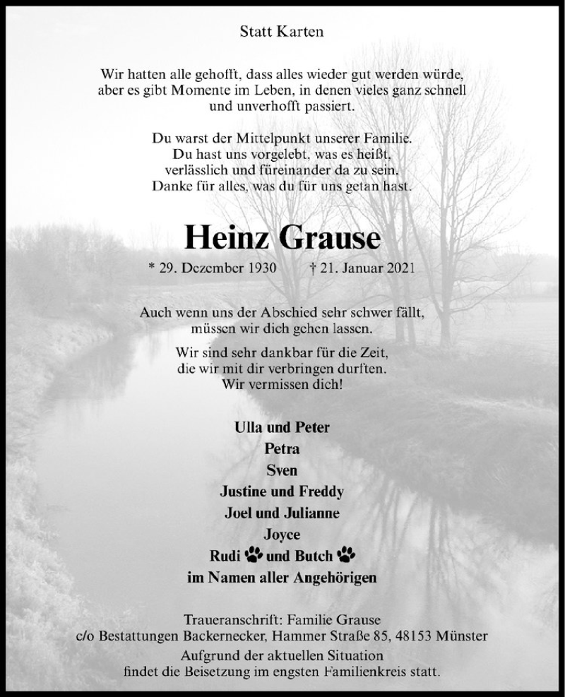  Traueranzeige für Heinz Grause vom 23.01.2021 aus Westfälische Nachrichten