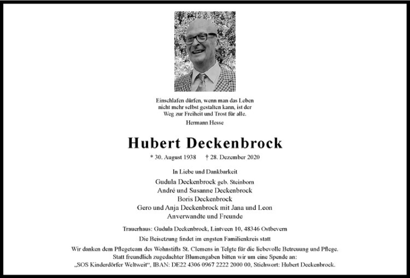  Traueranzeige für Hubert Deckenbrock vom 06.01.2021 aus Westfälische Nachrichten