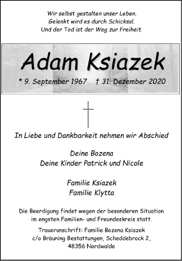  Traueranzeige für Adam Ksiazek vom 06.01.2021 aus Westfälische Nachrichten