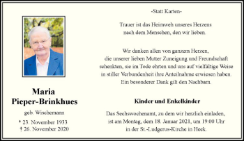 Anzeige von Maria Pieper-Brinkhues von Westfälische Nachrichten