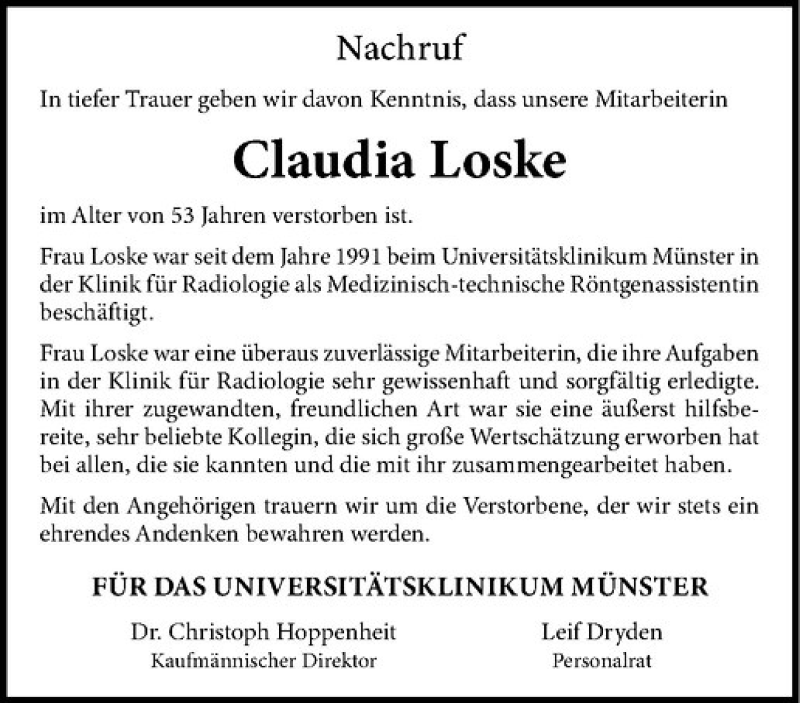  Traueranzeige für Claudia Loske vom 16.01.2021 aus Westfälische Nachrichten